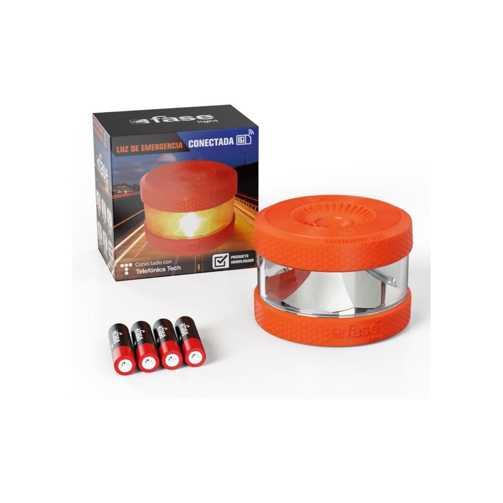  Luz de emergencia V16 FASELIGHT con geolocalización, diseño en color naranja, conectividad con Telefónica Tech y alimentación con pilas AA