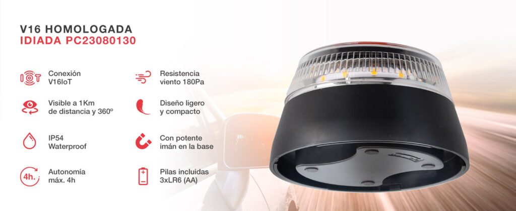 Luz de emergencia PMK Grupo con conexión V16 IoT, visibilidad de 1 km, resistencia al viento y diseño compacto con imán en la base