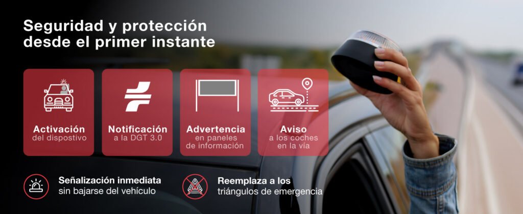 Luz V16 PMK Grupo con resistencia IP54, autonomía de hasta 4 horas, y visibilidad a 1 km, ideal para emergencias en carretera