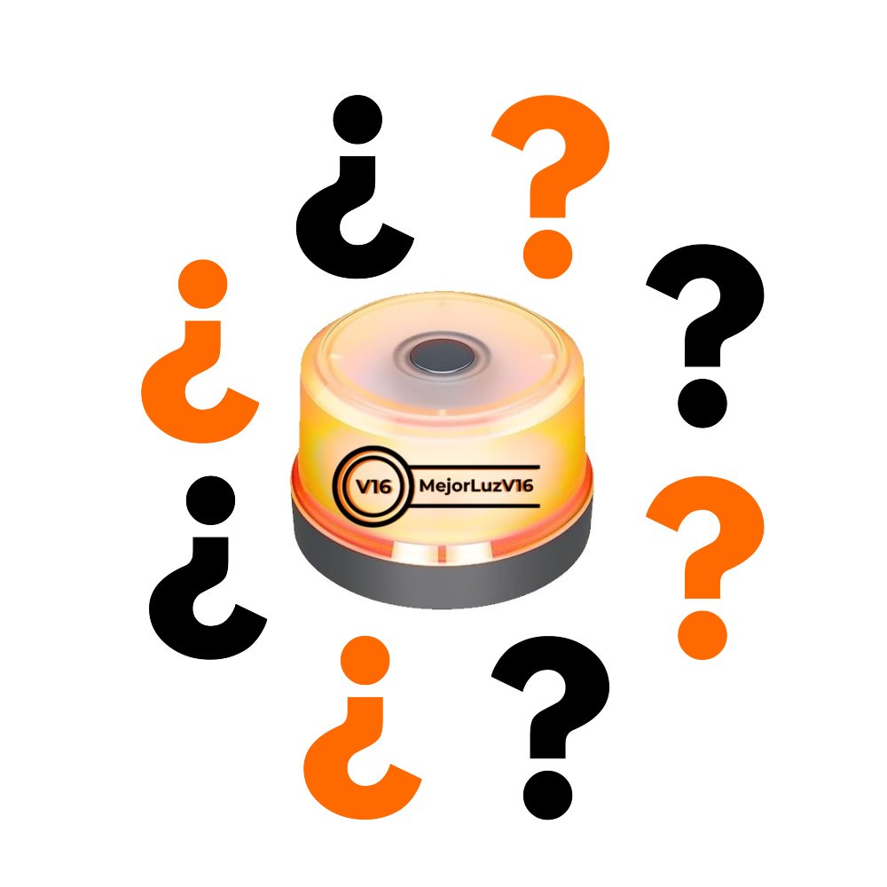 Luz de emergencia V16 rodeada de signos de interrogación en colores negro y naranja, con el logo de MejorLuzV16. Imagen representativa de la seccion Preguntas Frecuentes Luces de Emergencia V16